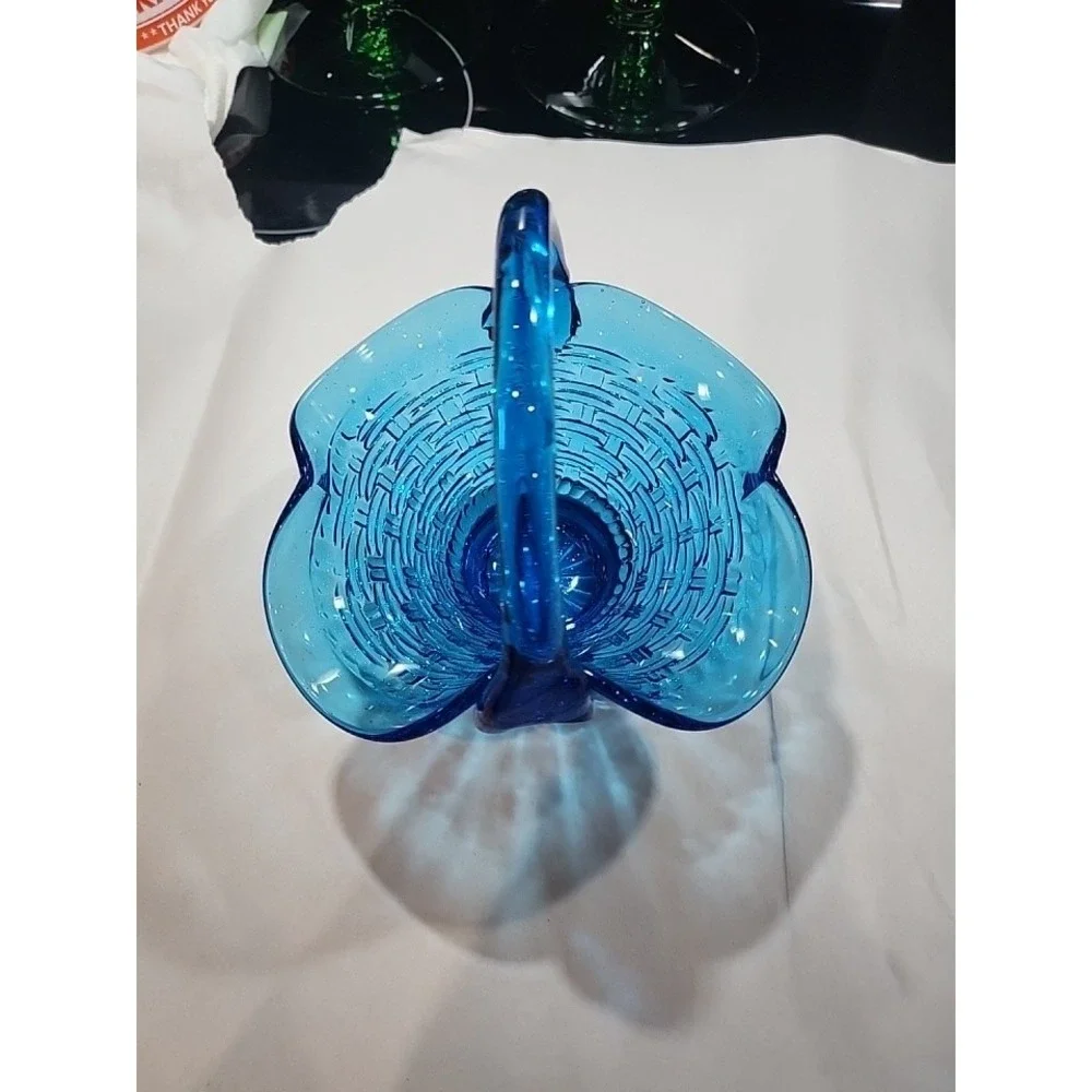 Fenton Style~ Basketweave Basket~ Ruffled~Crimped~Blue Glass~Trinket~Candy Dish